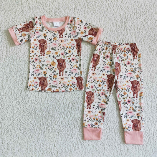 C2-14 Heifer Floral Print Summer Short Sleeve Kids Pajamas