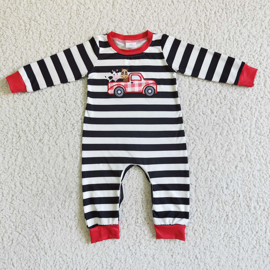 LR0016 Embroidery Farm Cow Horse Truck Striped Boys Romper