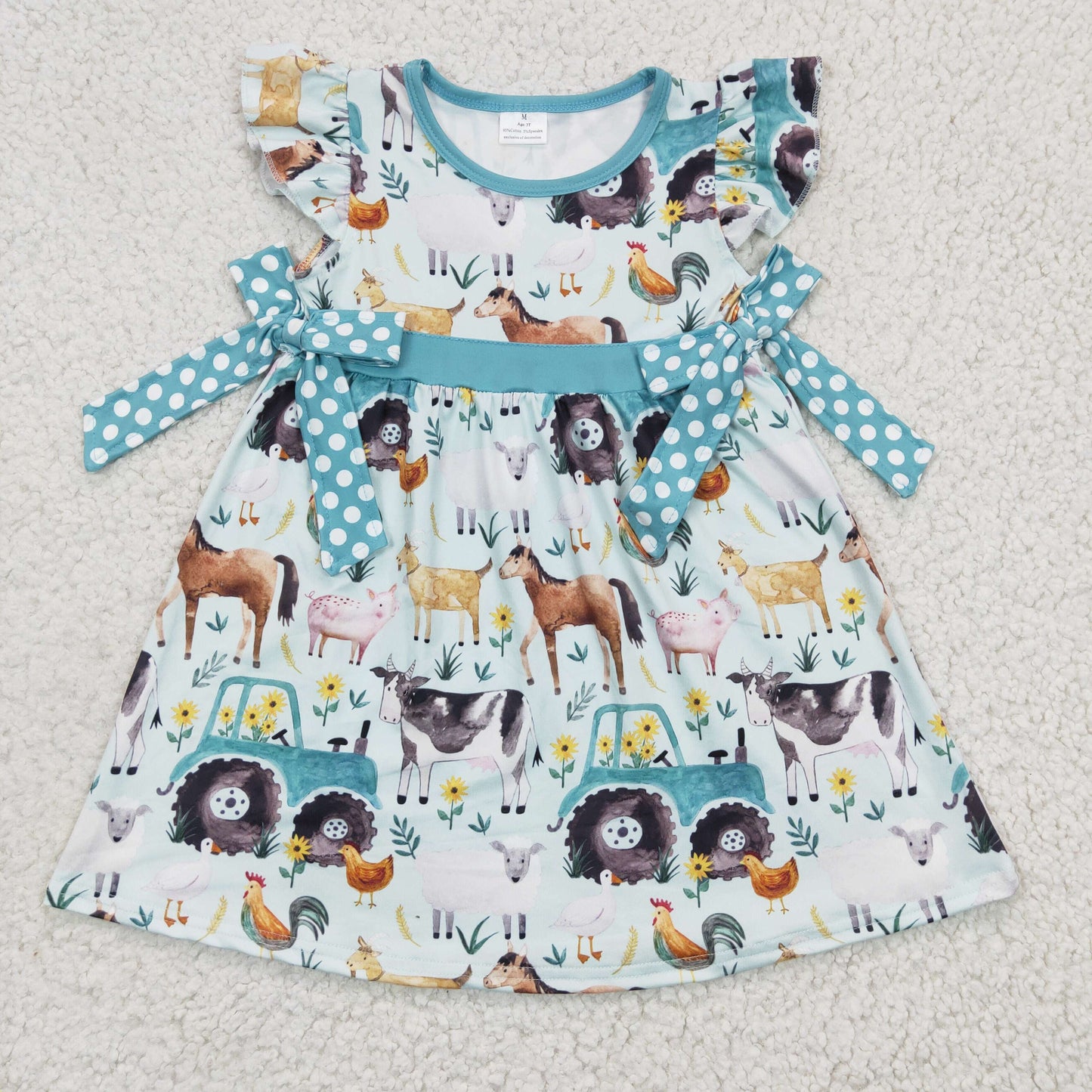 GSD0162 Farm Animal & Truck Blue Dots Flutter Sleeve Girls Dress