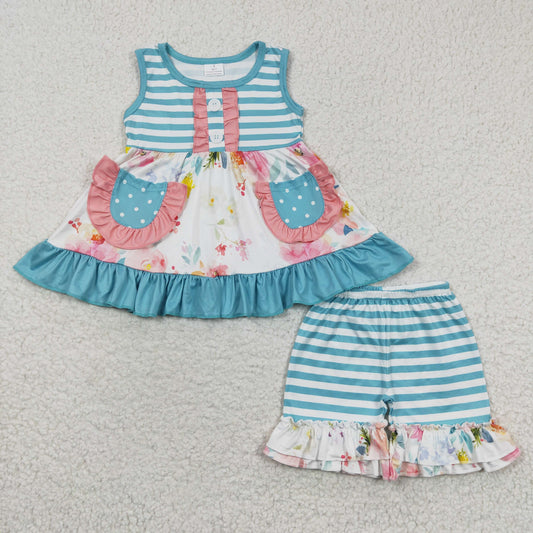 GSSO0240 Flower Blue Striped Print Pockets Shorts Baby Girls Set