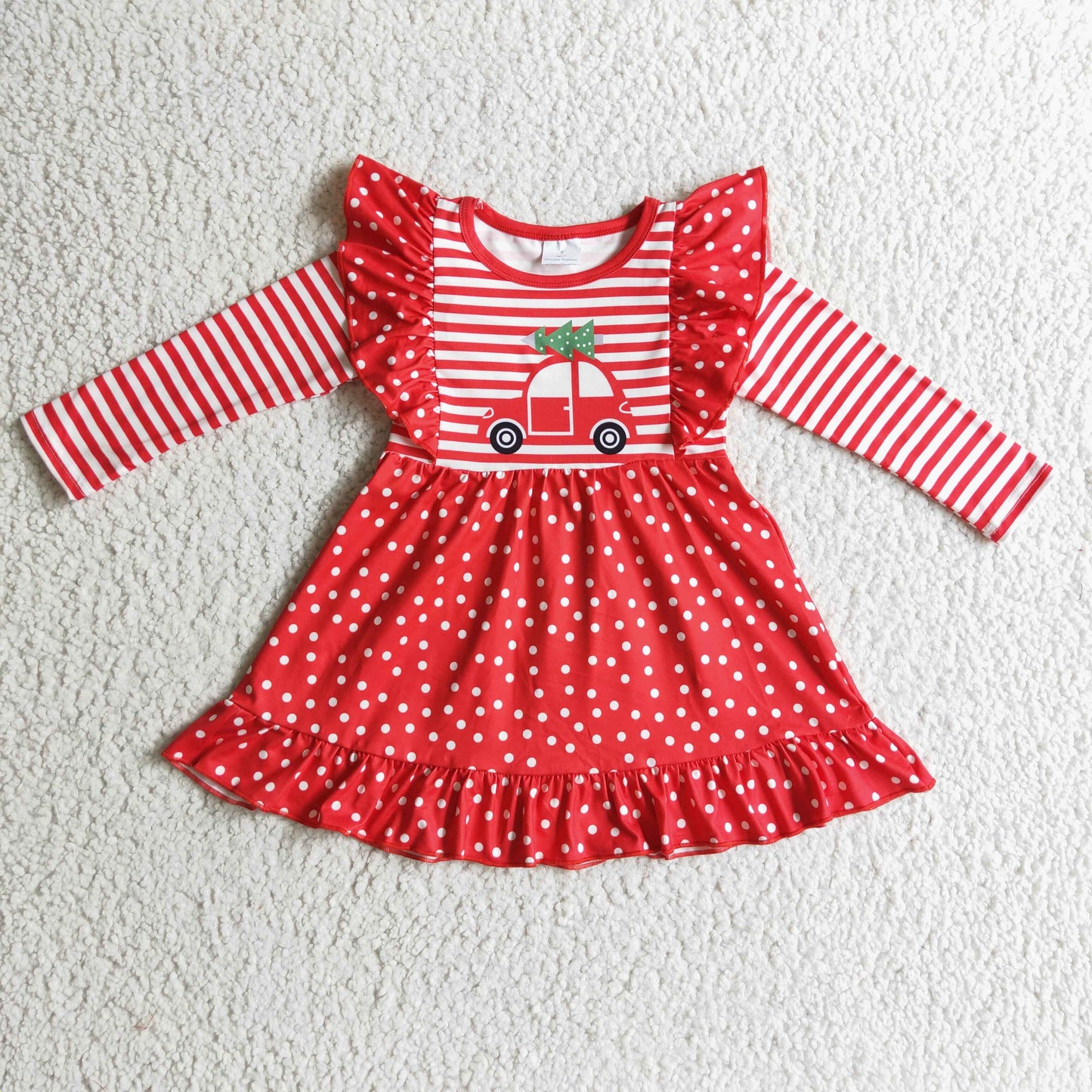 GLD0145 Christmas Tree & Car Red Dots Girls Dress