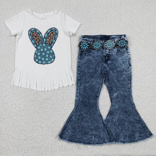 GSPO0462 Easter Bunny Aztec Tassels Shirts Top With Belt Blue Denim Jeans Set