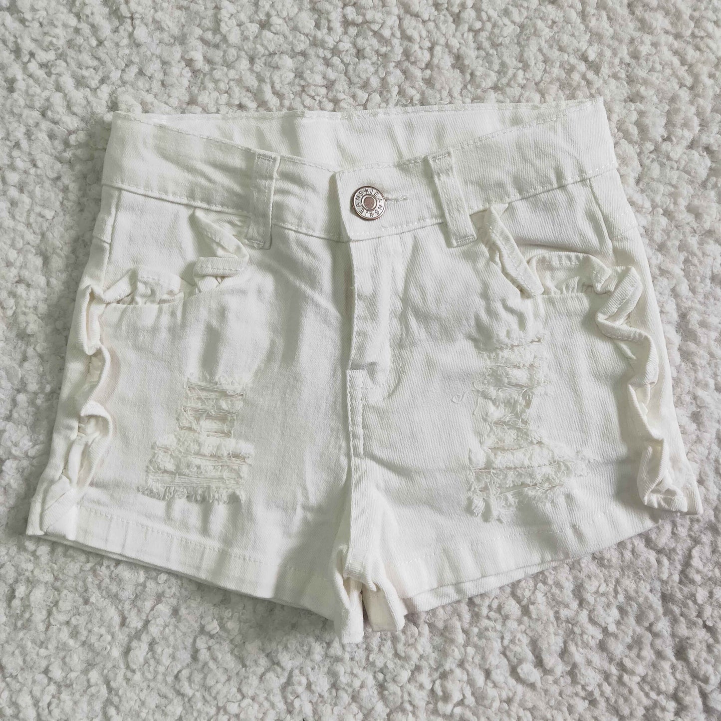 SS0012 White Adorable Ruffles Shorts Jeans