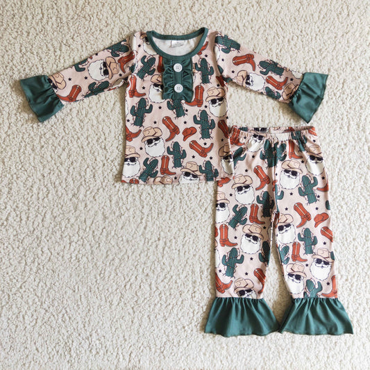 GLP0291 Western Christmas Green Cactus Girls Pajamas