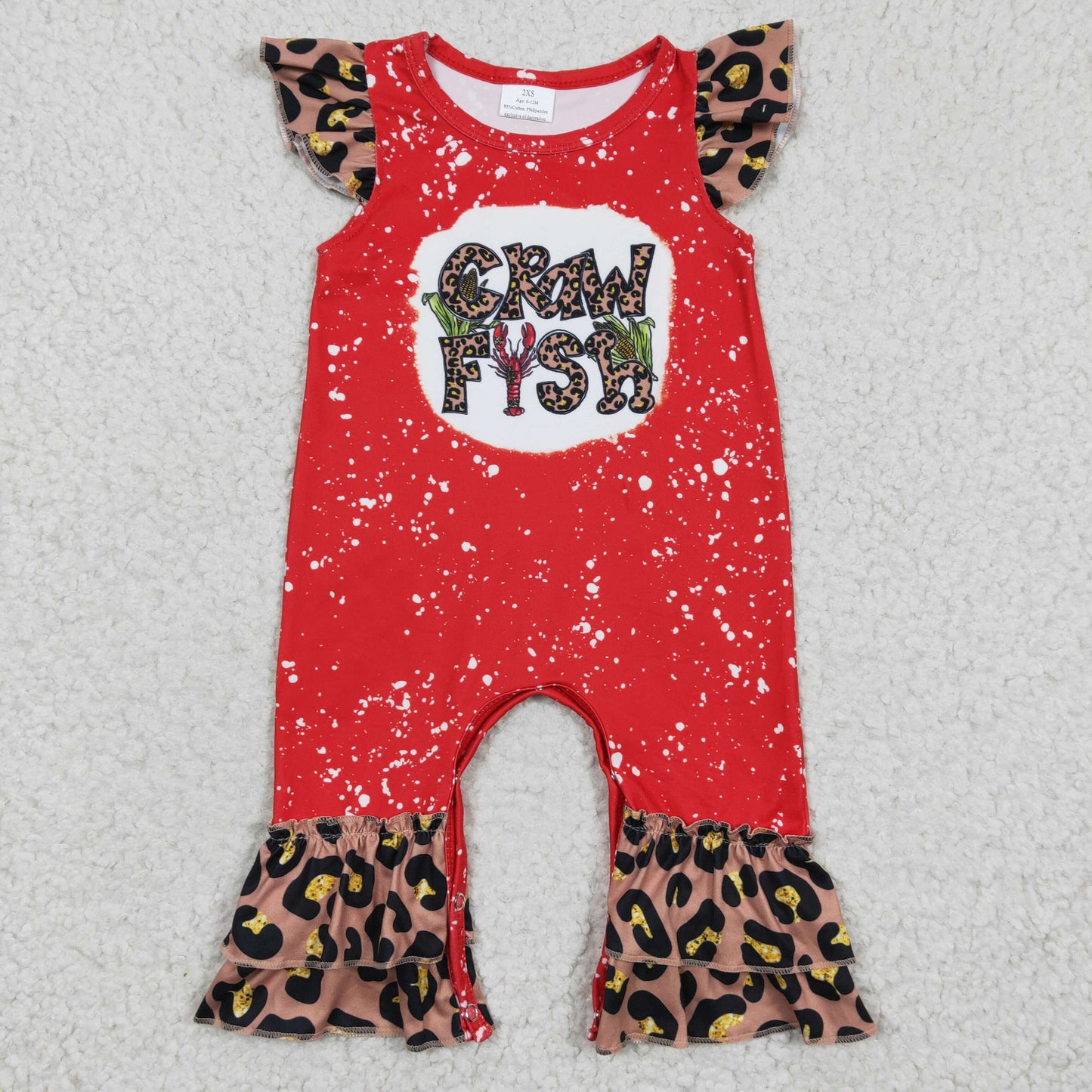 SR0149 Red Bleach Leopard Print Flutter Sleeve Craw Fish Kids Romper