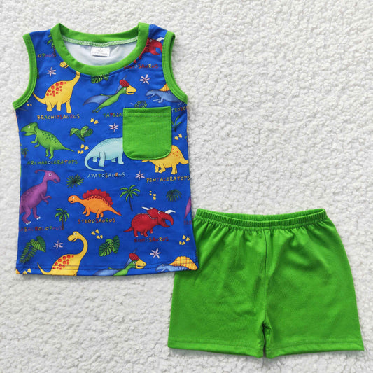 BSSO0234 Green & Blue Dino Pocket Sleeveless Shorts Summer Boys Set