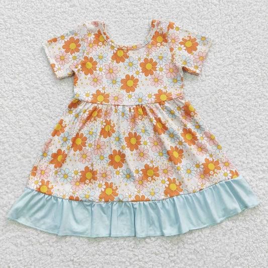 GSD0331 Short Sleeve Floral Print Blue Ruffles Baby Girls Dress