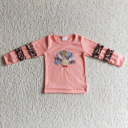 GT0040 Embroidery Turkey Pink Leopard Print Girls Shirts Top