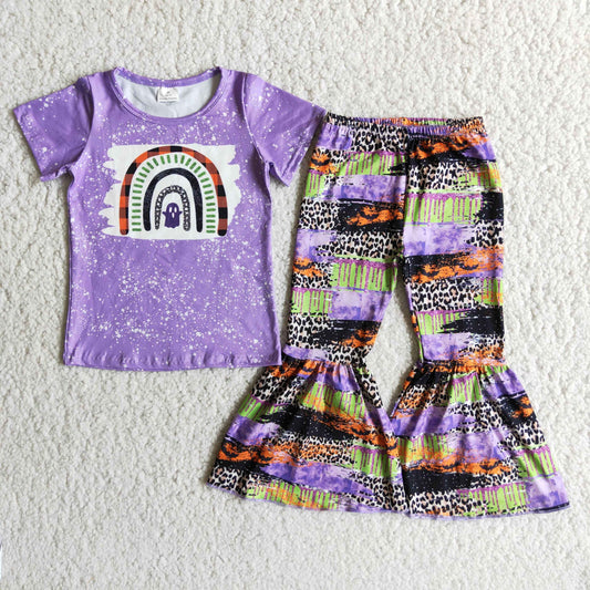 Rainbow Purple Bleach Design Short Sleeve Rainbow Fashion Bell-bottom Pants Halloween Set