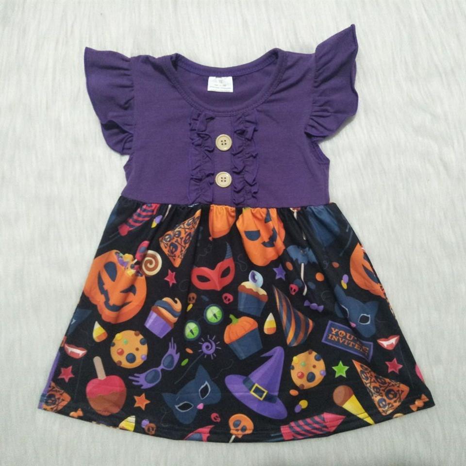 D3-26 Purple Flutter Sleeve Button Cool Halloween Print Casual Dress