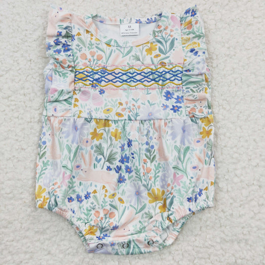 SR0262 Easter Embroidery Bunny Floral Print Baby Girls Romper