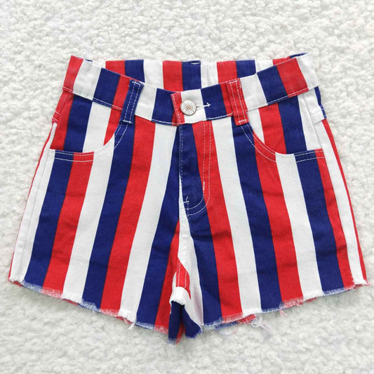 SS0082 4th Of July Blue White & Red Striped Print Denim Jeans Shorts