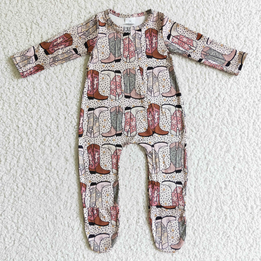 LR0070 Western Boots Print Long Sleeve Zipper Baby Girls Romper