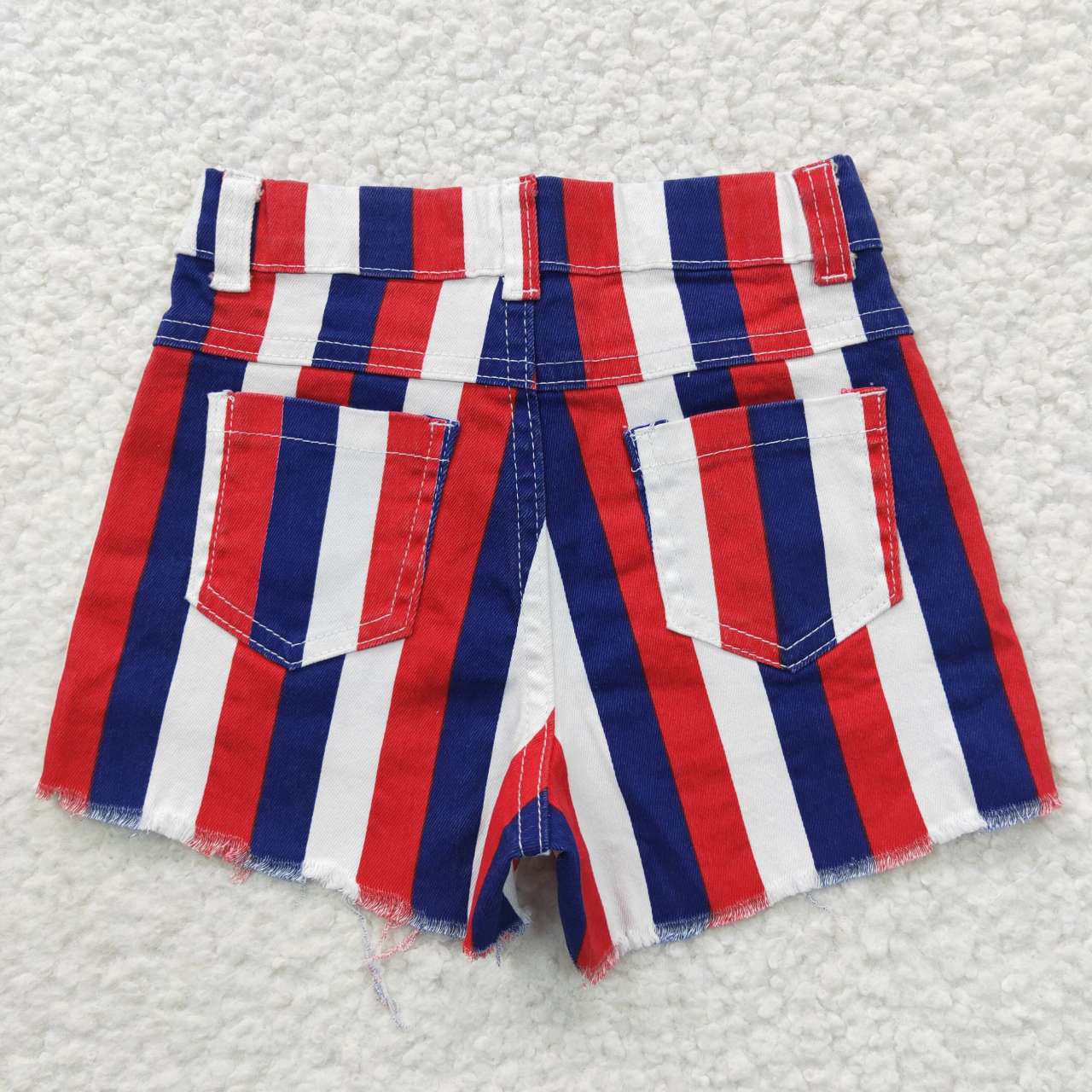 SS0082 4th Of July Blue White & Red Striped Print Denim Jeans Shorts