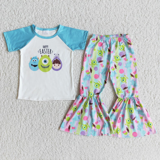 Happy Easter Cartoon Blue Sleeve Girls Outfits