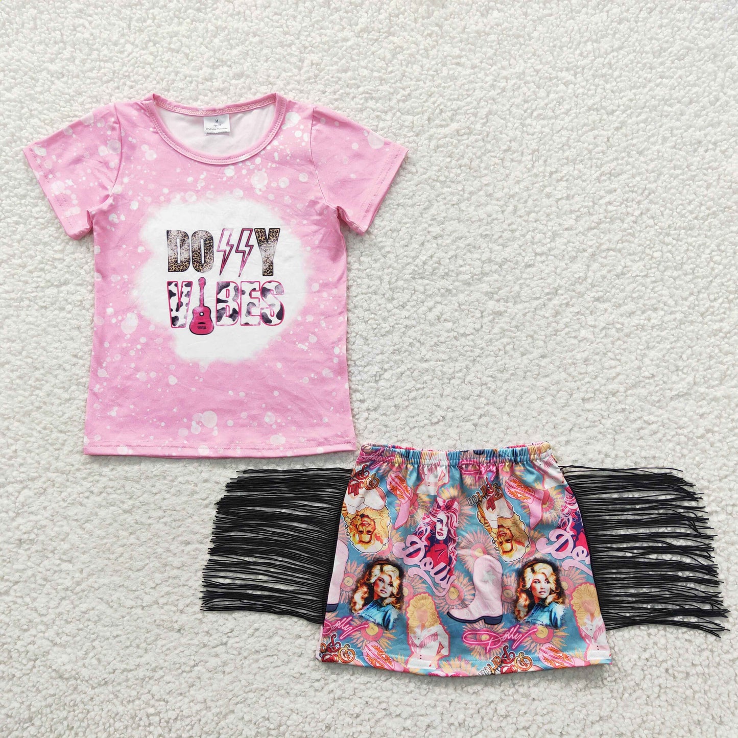 GSD0317 Pink Vibes Short Sleeve Tassels Skirt Baby Girls Dress Set