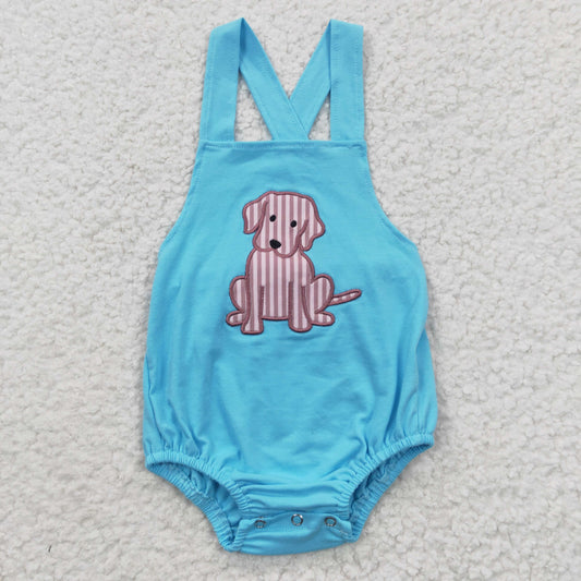 USA SHOP SR0311 Blue Embroidery Dog Boys Bubble Romper