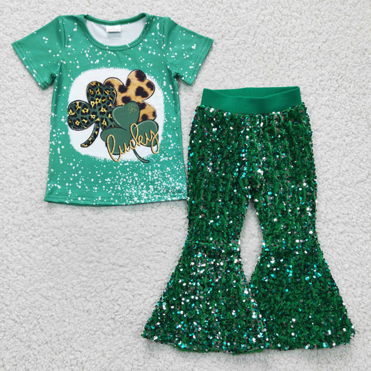 GSPO0401 Green St. Patrick's Day Clover Girls Sequin Bell Pants Kids Outfits