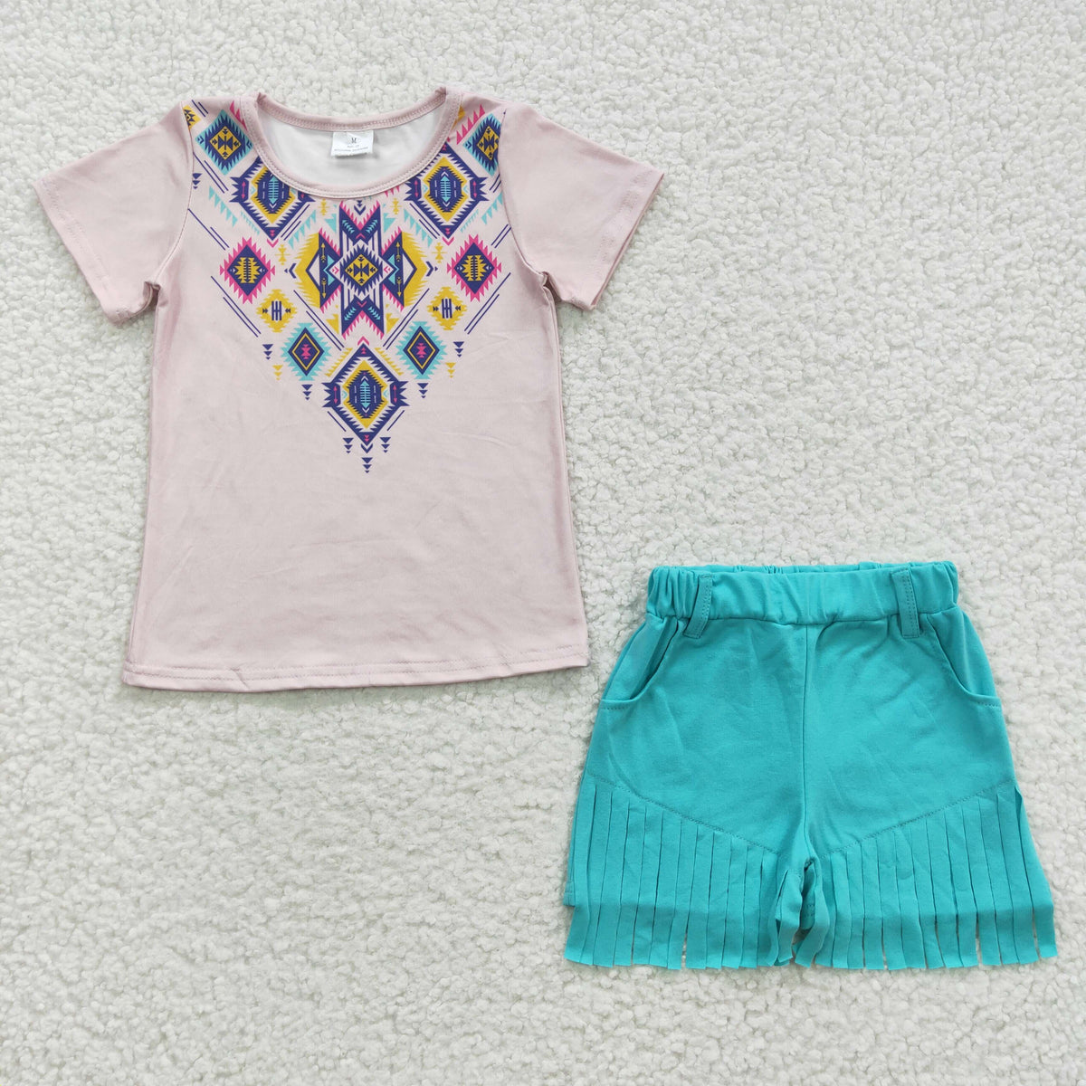 GSSO0272 Western Short Sleeve Aztec Blue Tassels Shorts Girls Set