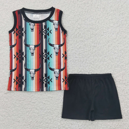 BSSO0216 Cow Skull Summer Striped Print Sleeveless Boys Set