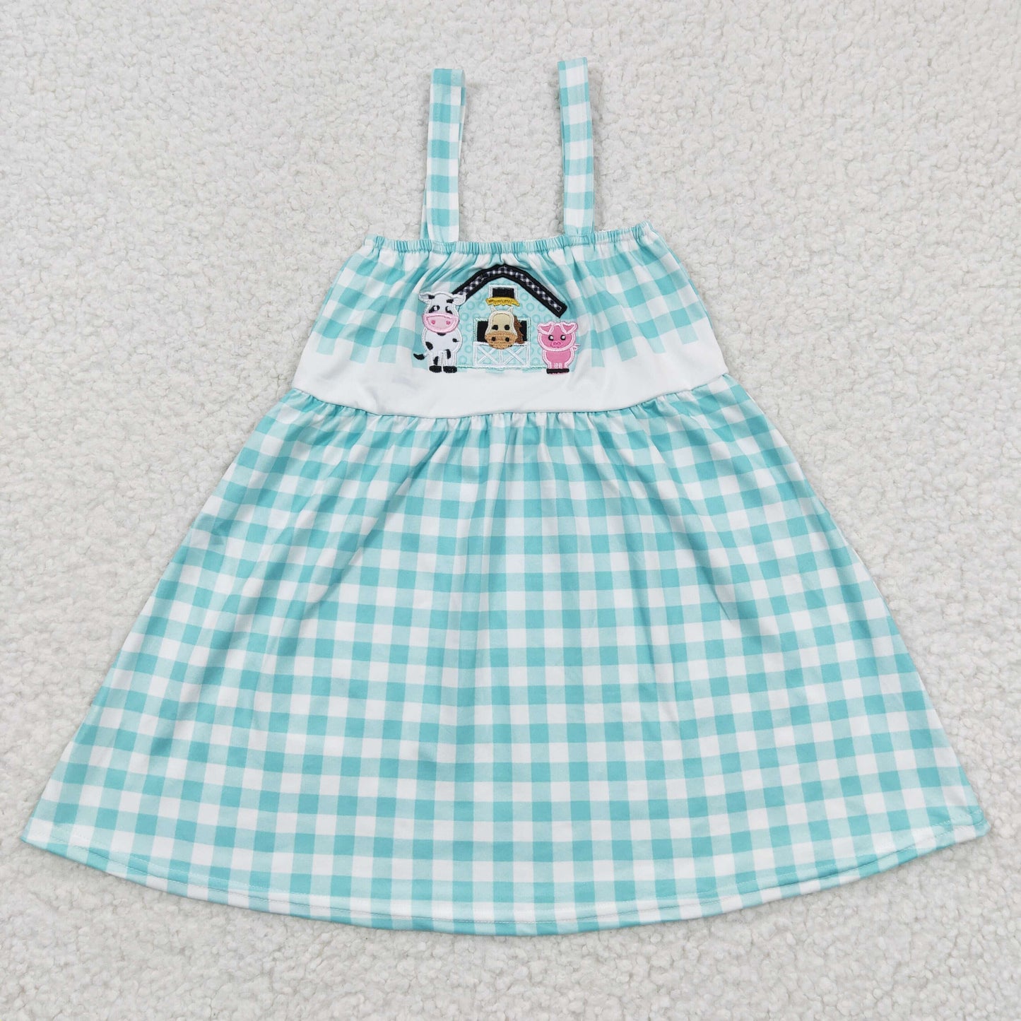 GSDO0269 Cow & Pig Farm Blue Plaid Print Sleeveless Embroidery Dress