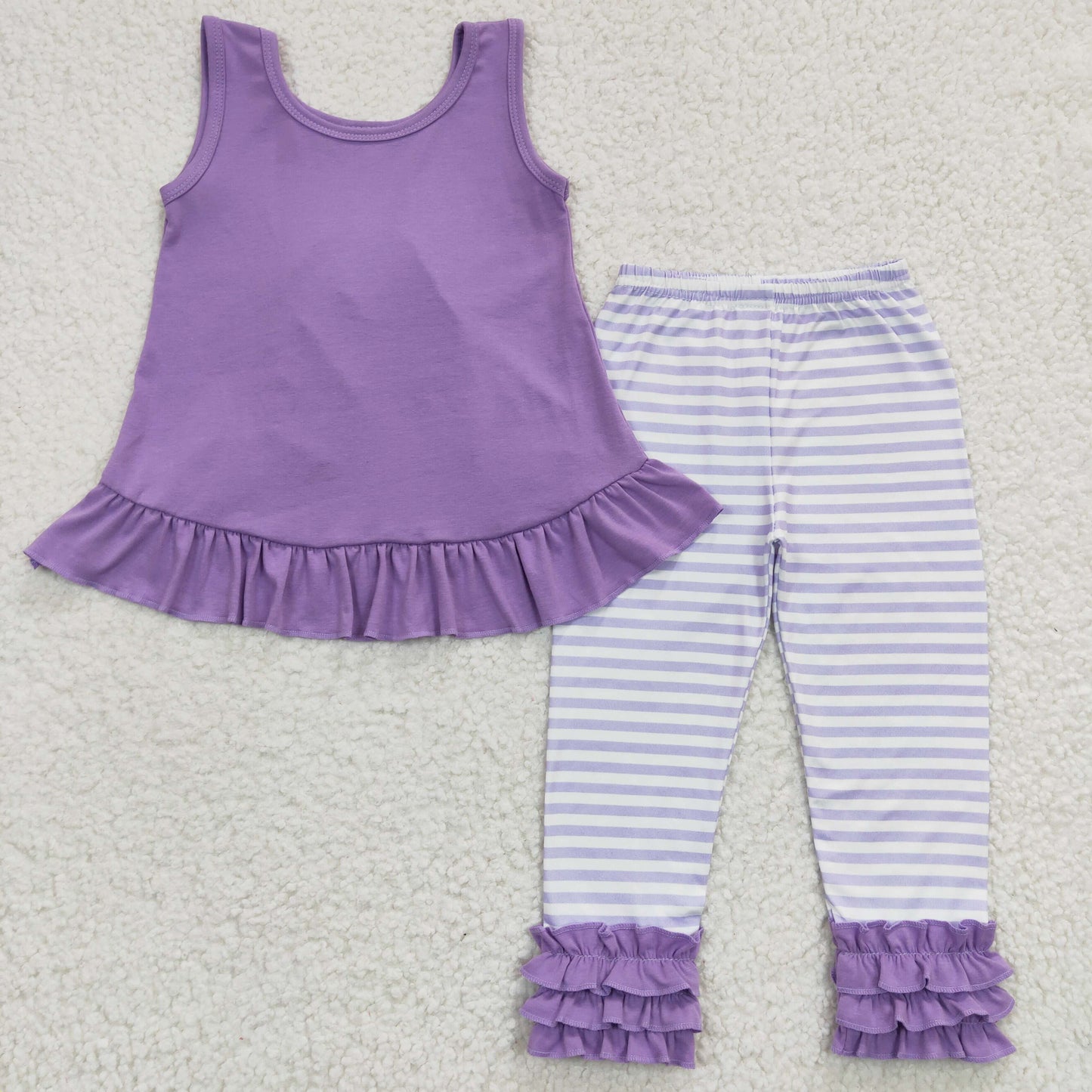 GSPO0506 Purple Bow Ruffle Sleeveless Striped Print Pants Girls Set