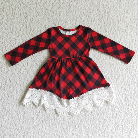 GLD0024 Christmas Plaid Print Lace Baby Dress