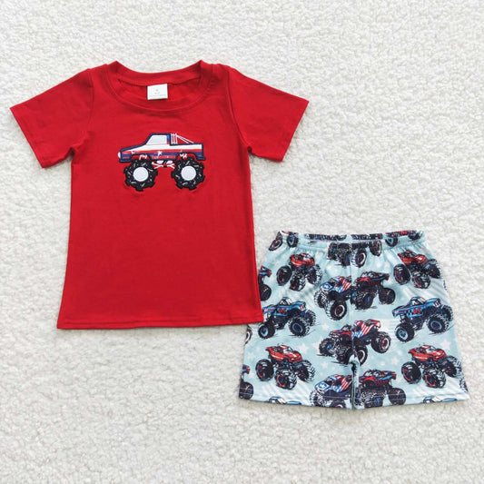 BSSO0185 Embroidery Red Tractors Short Sleeve Boys Summer Set