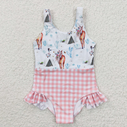 S0118 Western Horse Pink Plaid Print Bathing Suits Swimsuits
