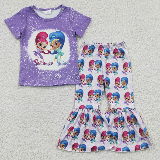 GSPO0331 Purple Short Sleeve Cartoon Baby Girls Bell Pants Outfits