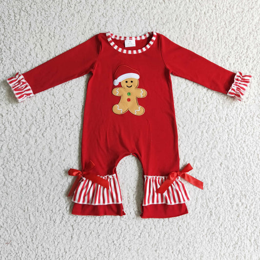 USA SHOP LR0196 Girls Christmas Gingerbread Embroidery Red Kids Romper