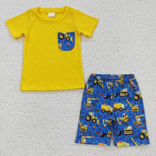 BSSO0183 Yellow Short Sleeve Construction Shorts Boys Summer Set