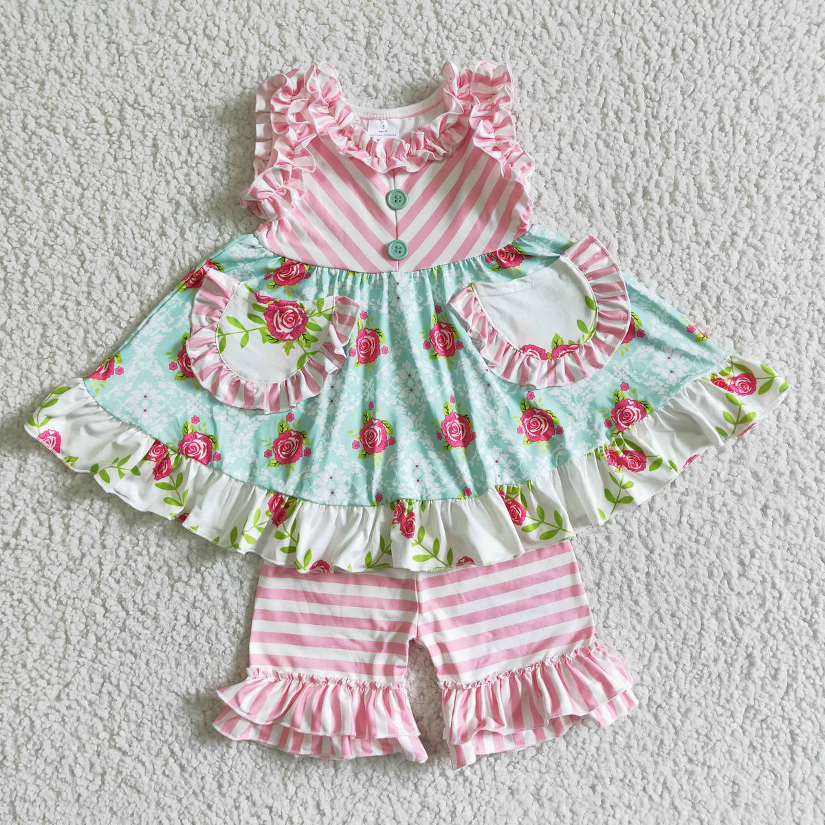 C2-2 Pink Striped Print Flower Baby Girls Set
