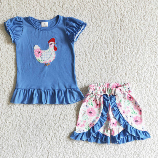 GSSO0020 Blue Cotton Hen Embroidery Floral Summer Set