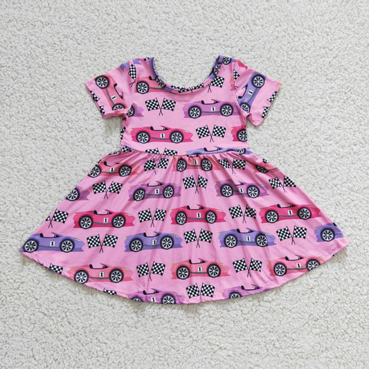GSD0177 Pink Short Sleeve Car Print Cartoon Girls Dress