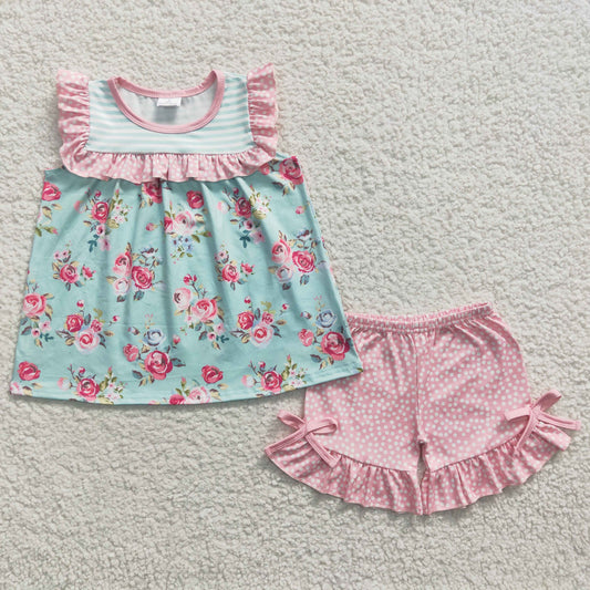 GSSO0215 Sleeveless Summer Flower Pink Dots Shorts Girls Set