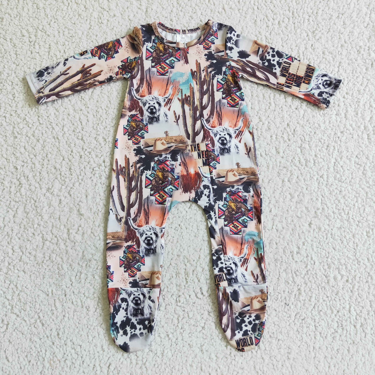 LR0069 Highland Cow Cactus zipper long sleeve boys Romper