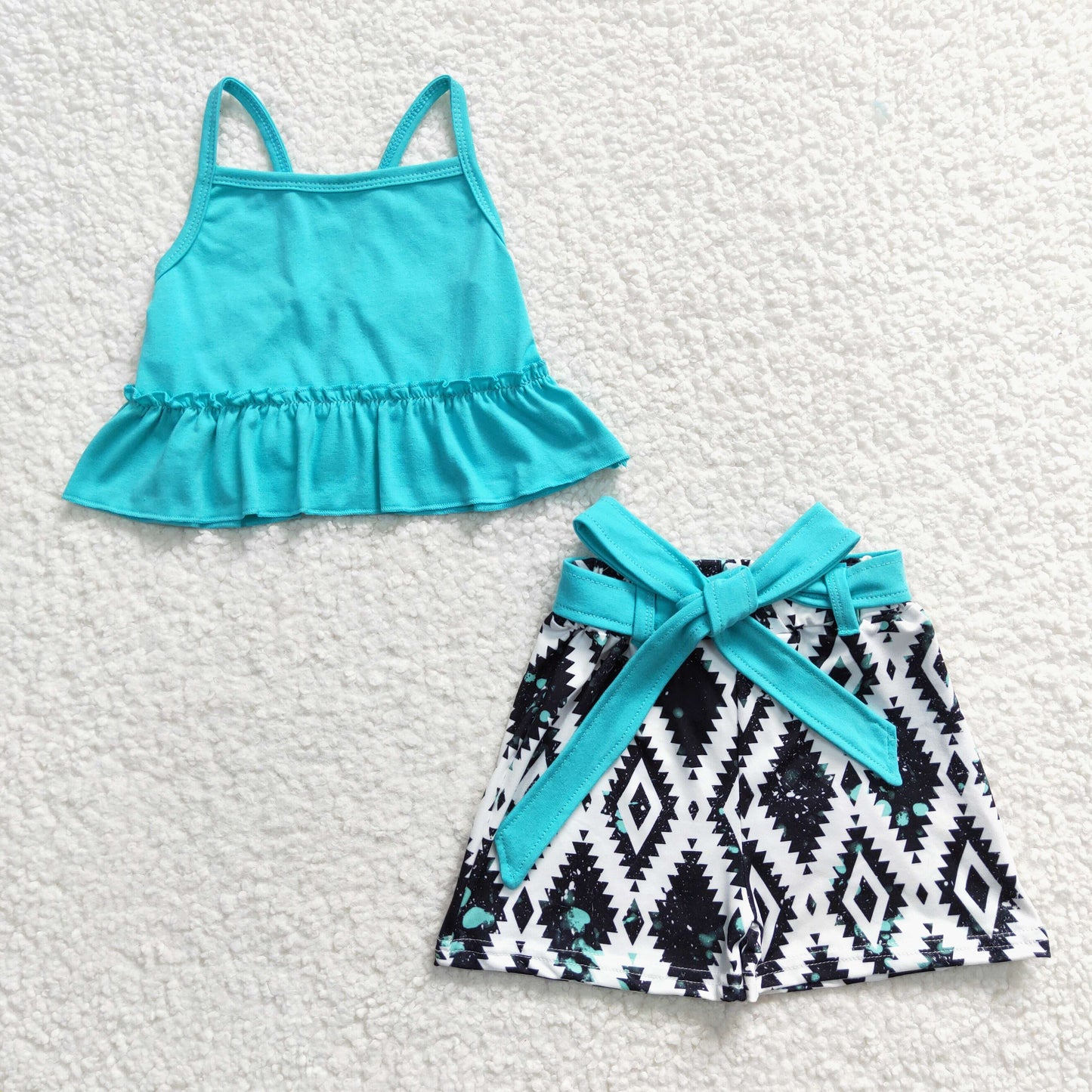 GSSO0201 Turquoise Blue Summer Sleeveless Aztec Style Baby Girls Set