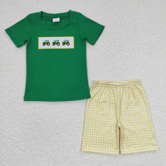 BSSO0126 Green Truck Embroidery Yellow Short Boys Summer Set