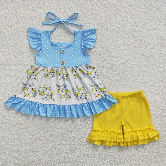 GSSO0220 Blue Dots Flutter Sleeve Flower Yellow Shorts Baby Girls Set