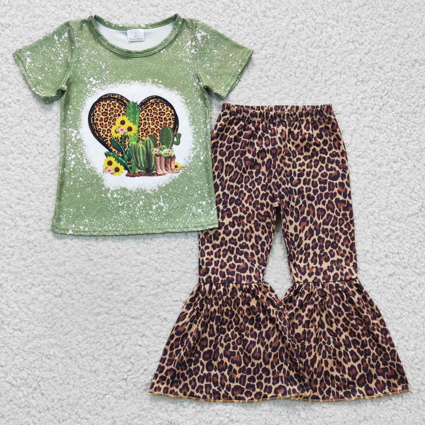 GSPO0323 Cactus Western Green Short Sleeve Leopard Print Girls Outfits