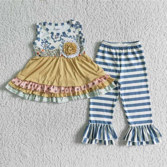 D10-27 Sleeveless Floral Striped Print Baby Girls Outfits