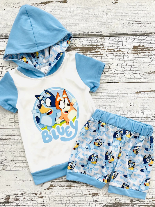 C1-2 Blue Baby Cartoon Kids Dog Boys Summer Hoodie Set