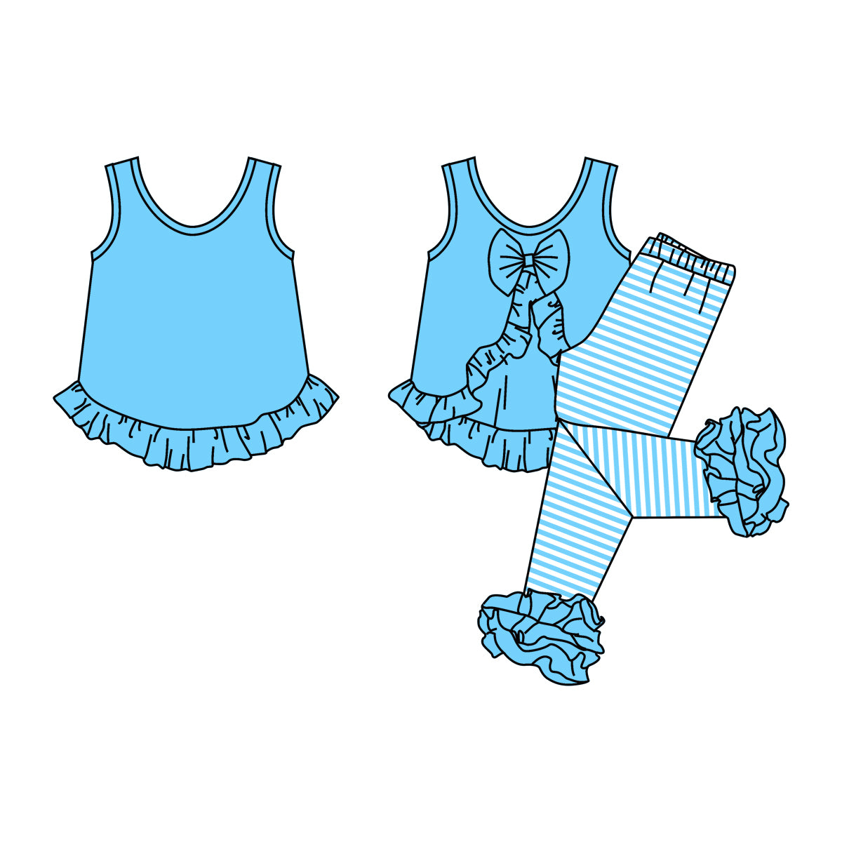 GSPO0505 Blue Bow Ruffle Sleeveless Striped Print Pants Girls Set