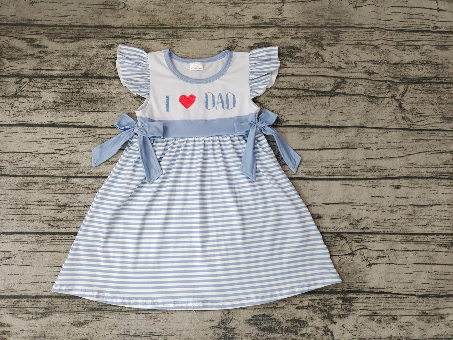 GSD0256 I Love Dad Blue Striped Print Flutter Sleeve Embroidery Dress