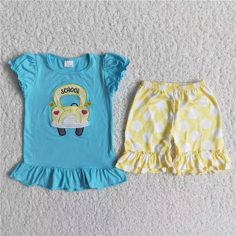 B12-26 Back To School Girls Embroidery School Bus Short Sleeve And Shorts Outfits