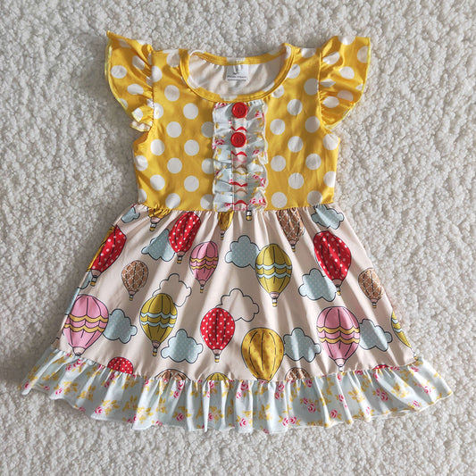 Yellow Dots Flutter Sleeve Hot Air Balloon Girls Dress