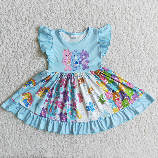 Blue Flutter Bear Cartoon Twirl Dress