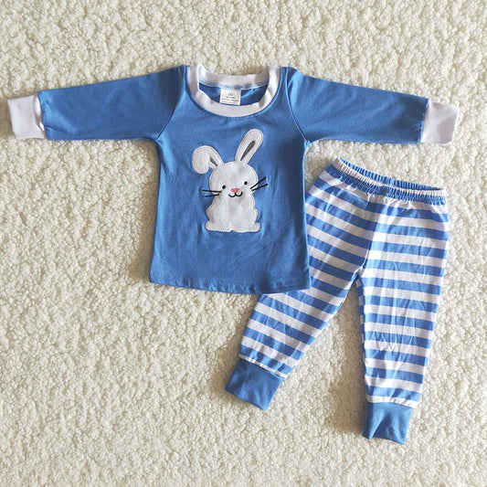 Boys Blue Embroidery Rabbit Easter Pajamas