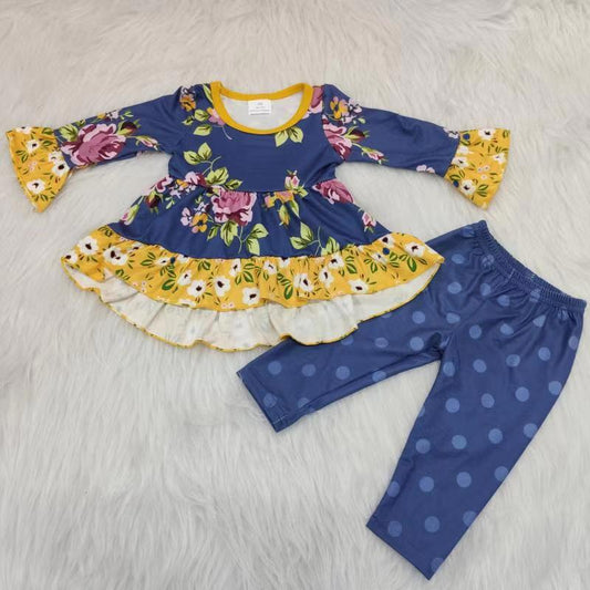 Hi-low Navy Flower Print Baby Girls Fall-Winter Girls Set